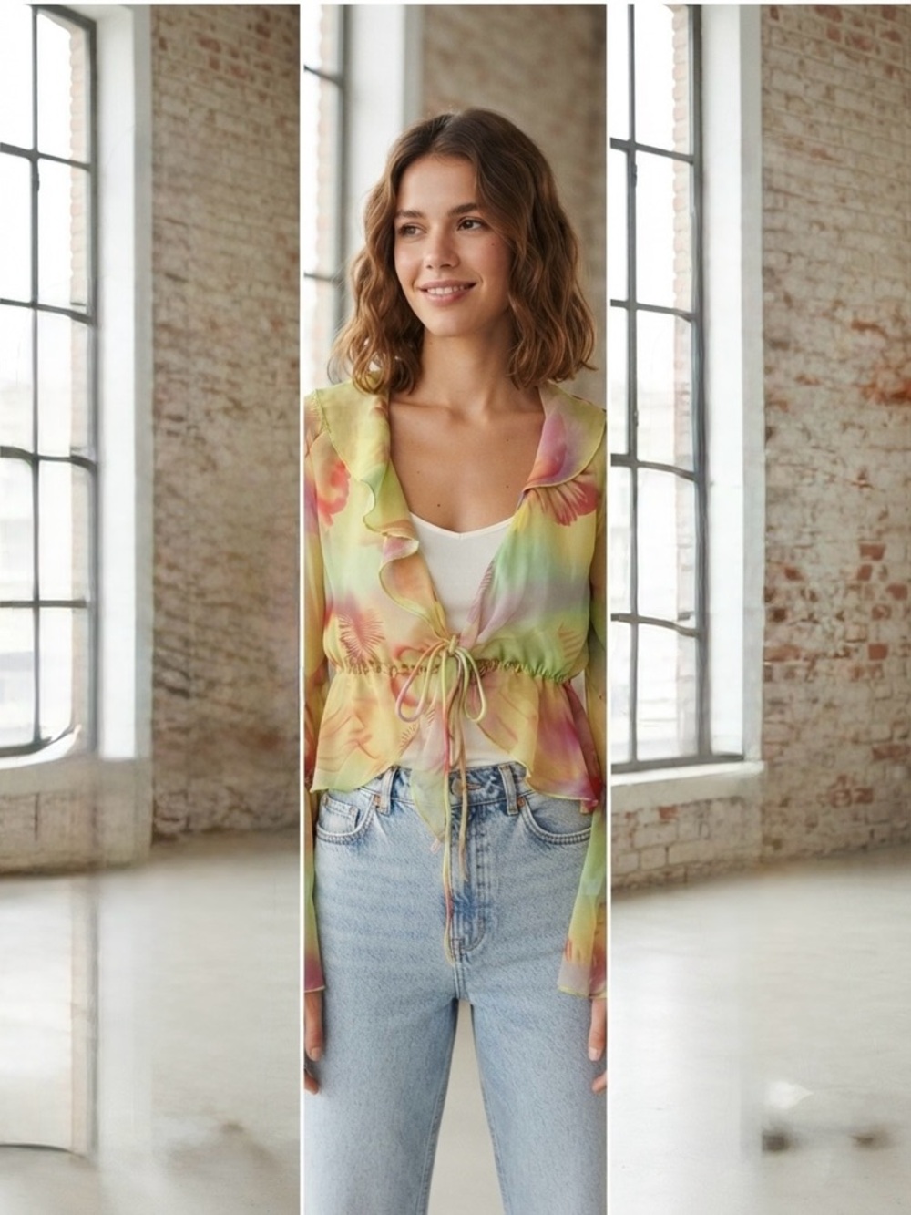 stradivarius Pastel Floral Ruffle Tie-Waist Blouse